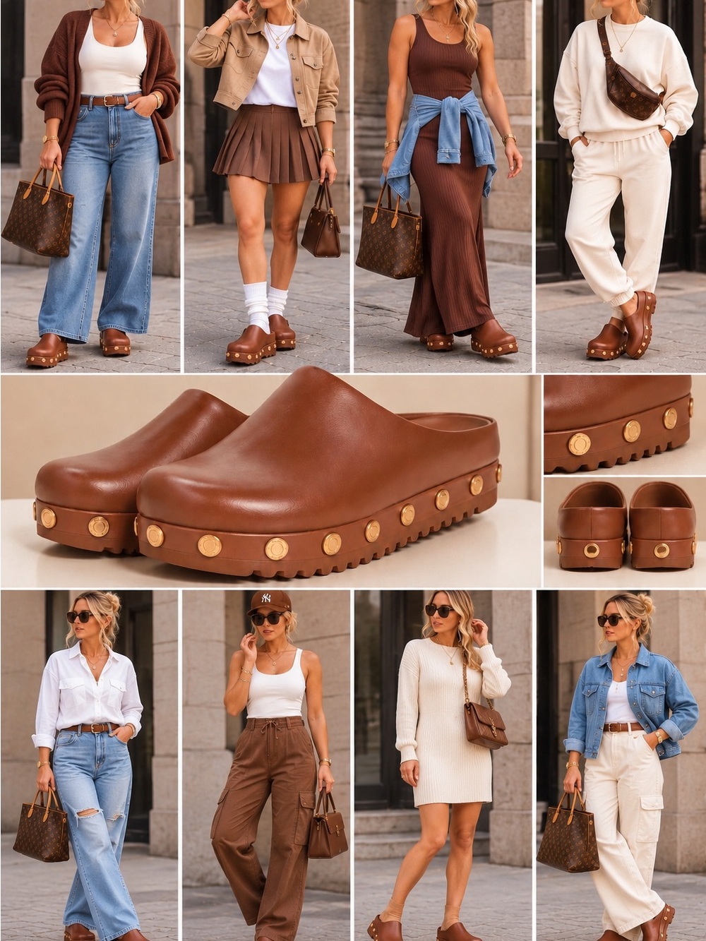 Tory Burch Brown Leather Studded Platform Clogs